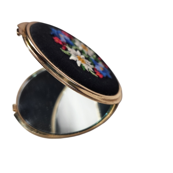 Other - Vintage Swiss Floral Embrodered Compact Purse Dresser Double Sided Hand Mirror
